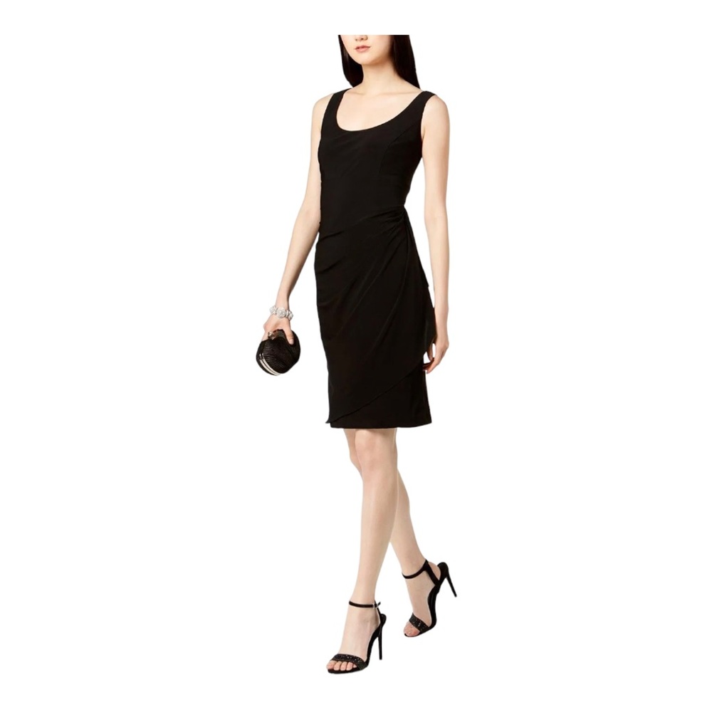 MSK Jersey Knit Cascade Draped Little Black Stretch Cocktail Dinner Party Dress